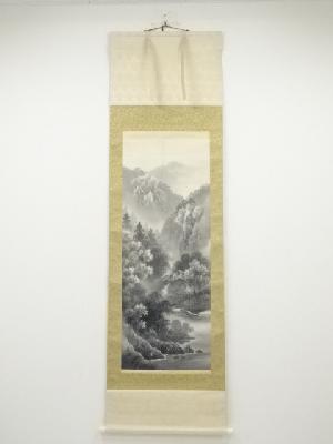 芳園筆　山水　肉筆絹本掛軸（保護箱）